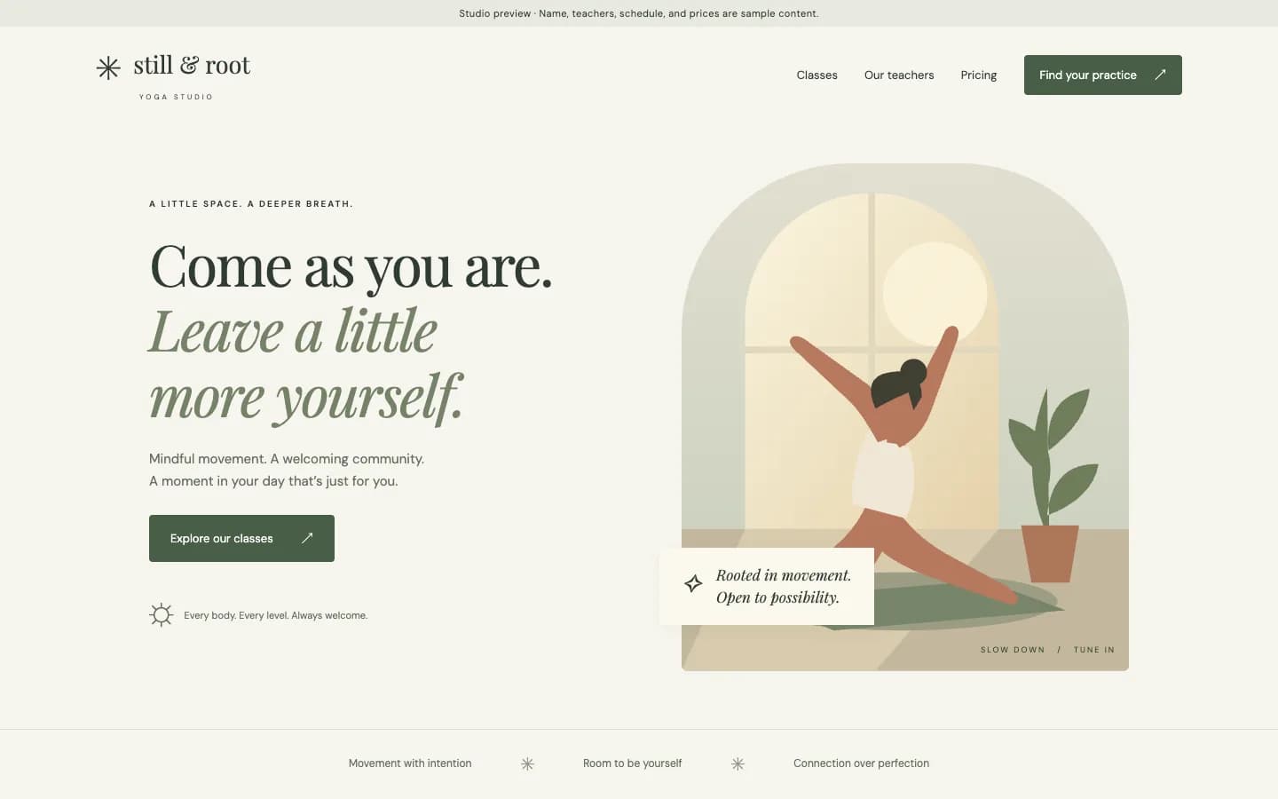 A calm yoga studio page written by Codex: a serif headline Come as you are, a sage-green button, an illustration of a woman stretching under an arched window, and a banner saying the details are sample content