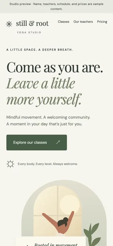 The same Codex-built yoga page on a phone: the sample-content banner, the studio name and the headline Come as you are