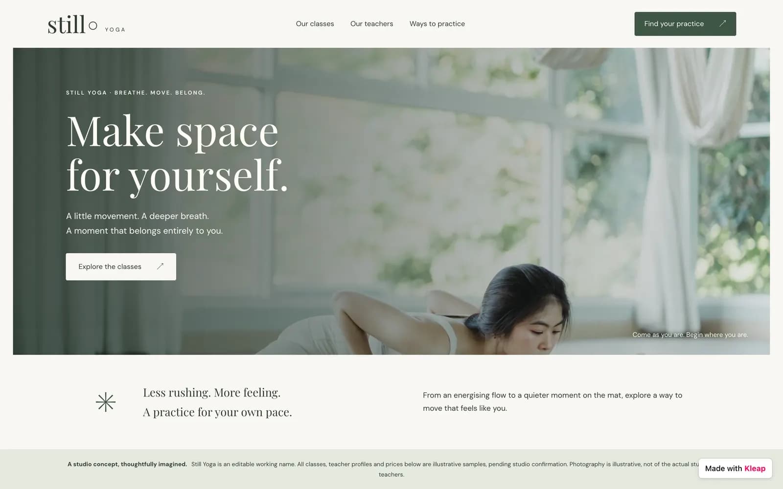 Still Yoga, the yoga studio website Codex built and published through Kleap: a serif headline, Make space for yourself, over a sage-green photograph of a woman on a mat