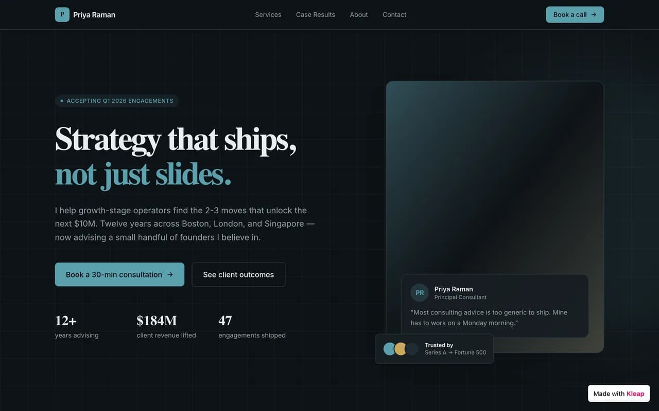 Professional services template built with Kleap