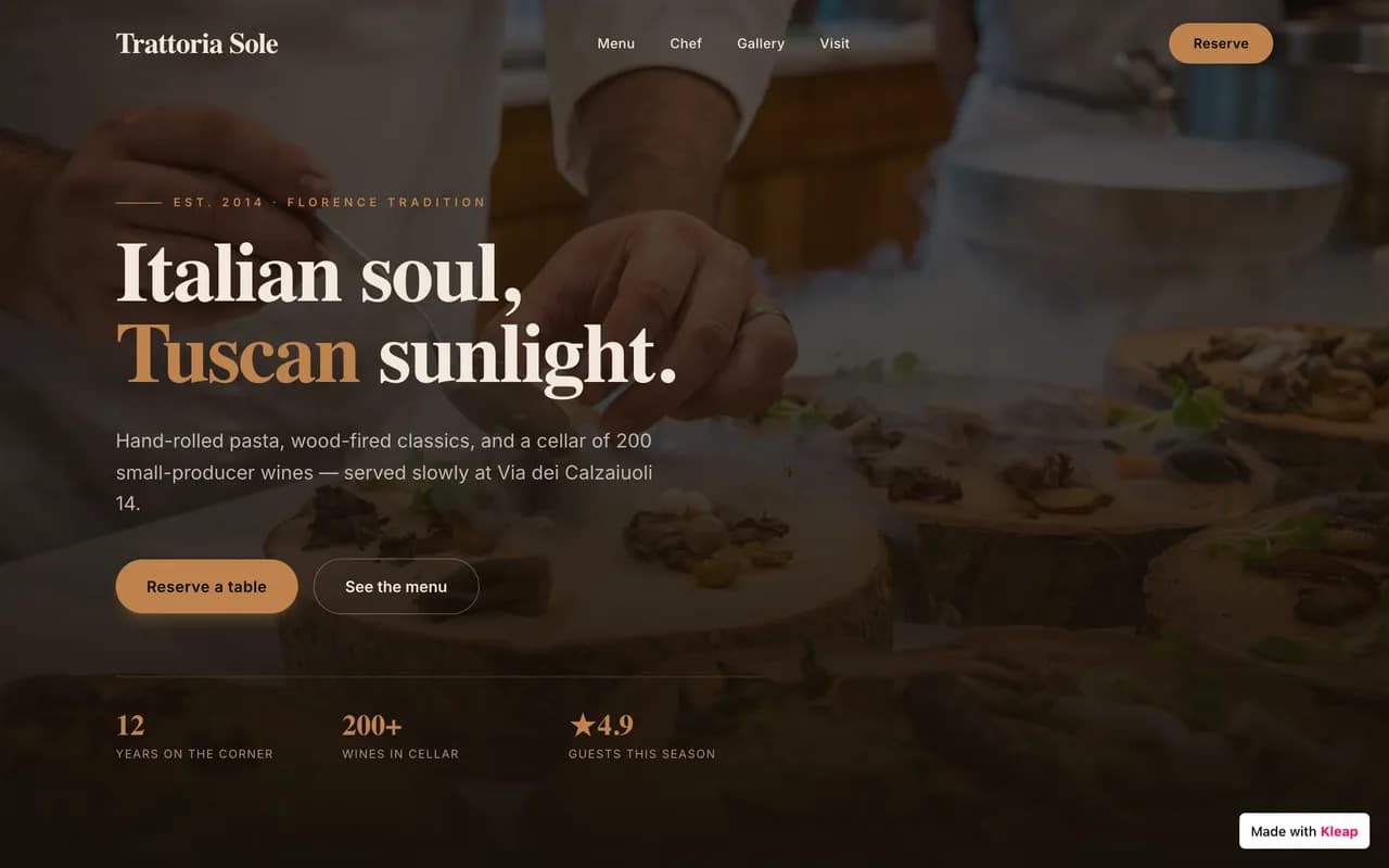Restaurant website template built with Kleap