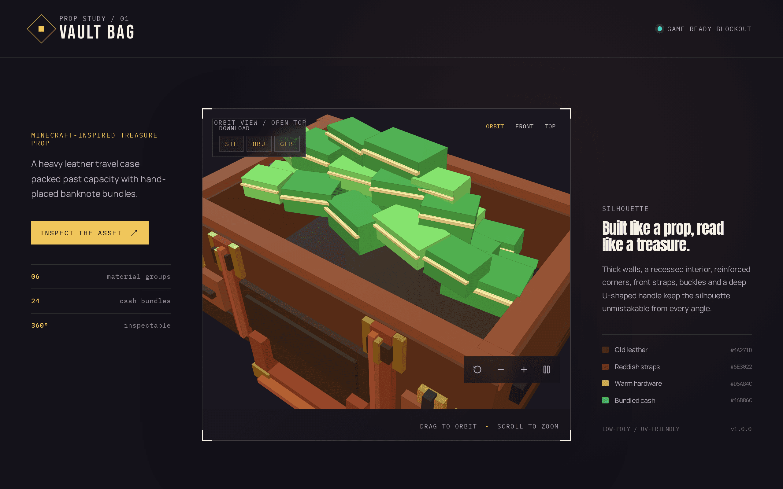 A 3D prop study that treats a Minecraft money bag like a museum artifact.