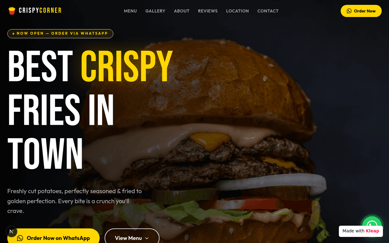 Taste the crunch with a modern, dark-themed menu that makes ordering effortless.