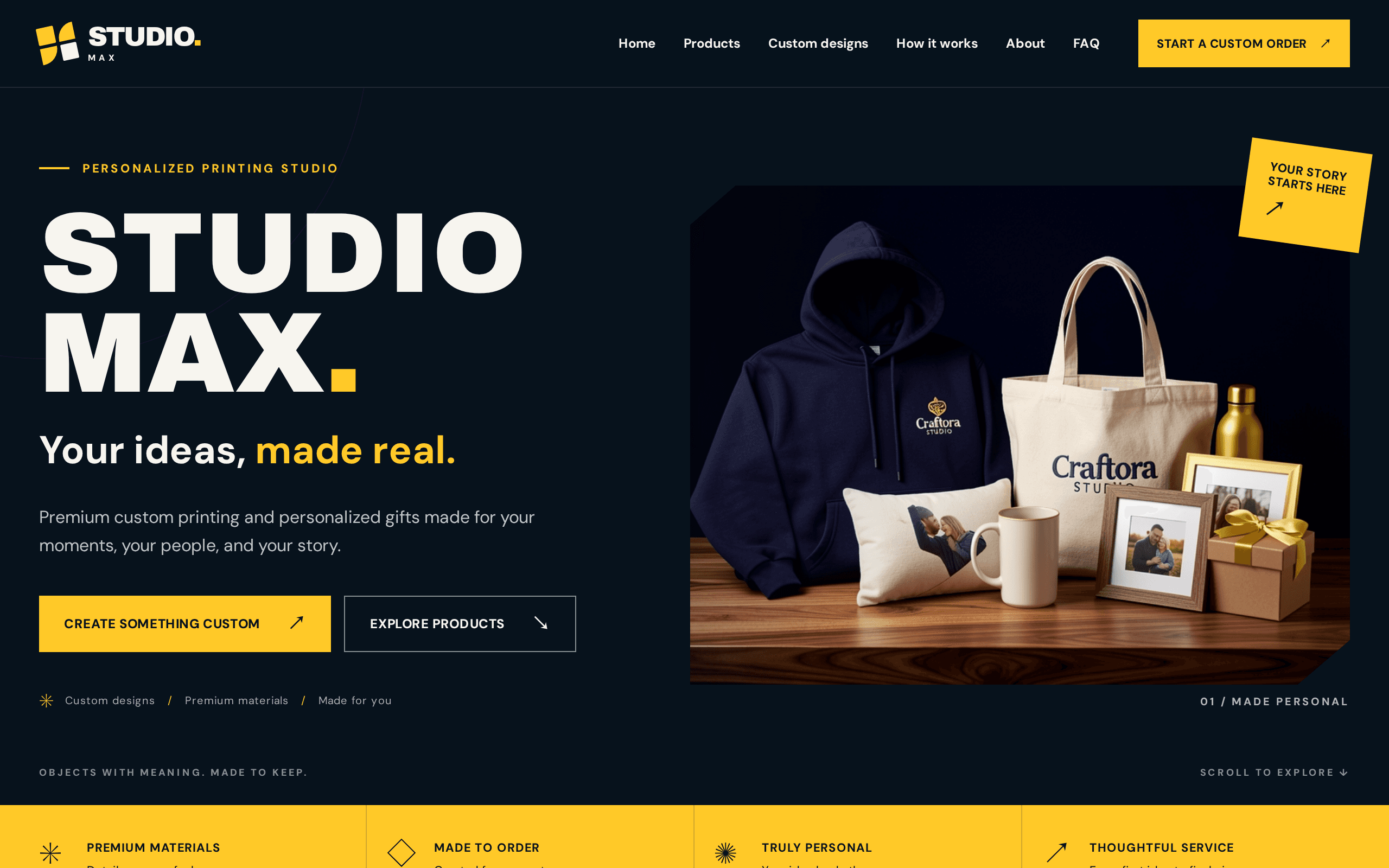 Your ideas printed on real objects — hoodies, mugs, bags, made personal.