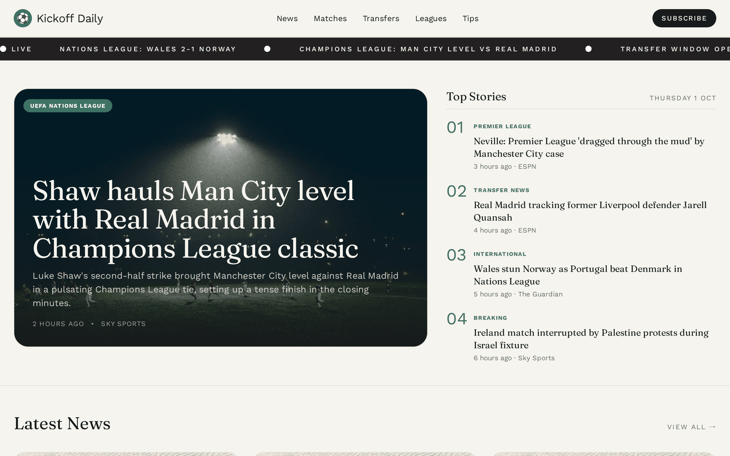 A sports news hub with live tickers, ranked stories, and editorial polish.