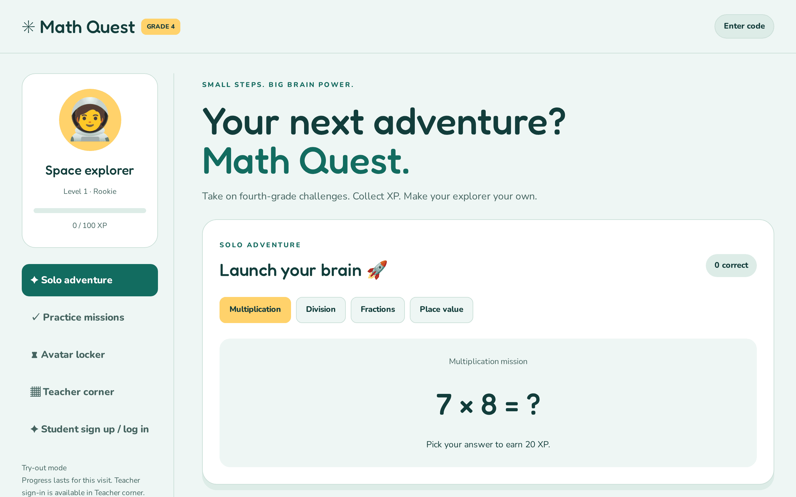 An interactive math learning web app designed with playful gamified elements.