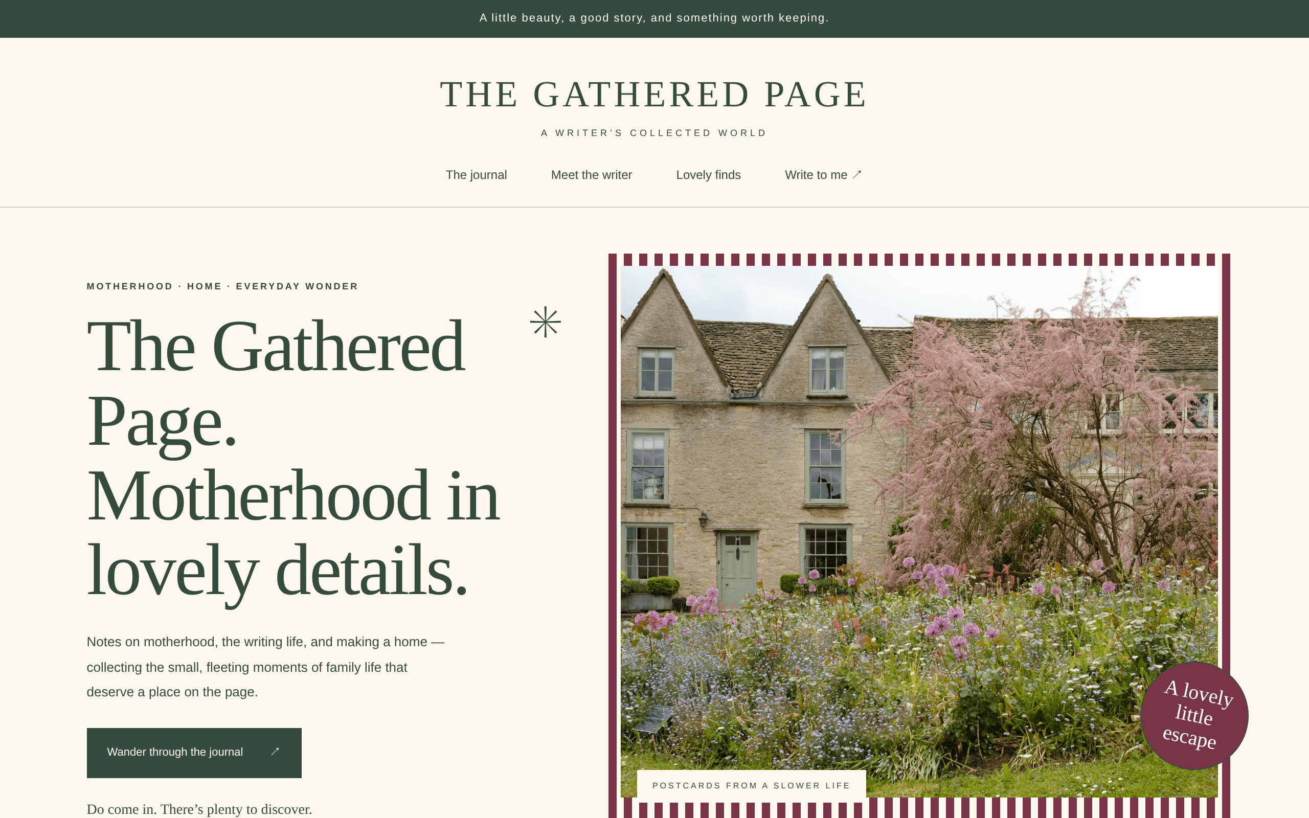 A literary-style journal where motherhood, writing, and home-making meet in quiet detail.