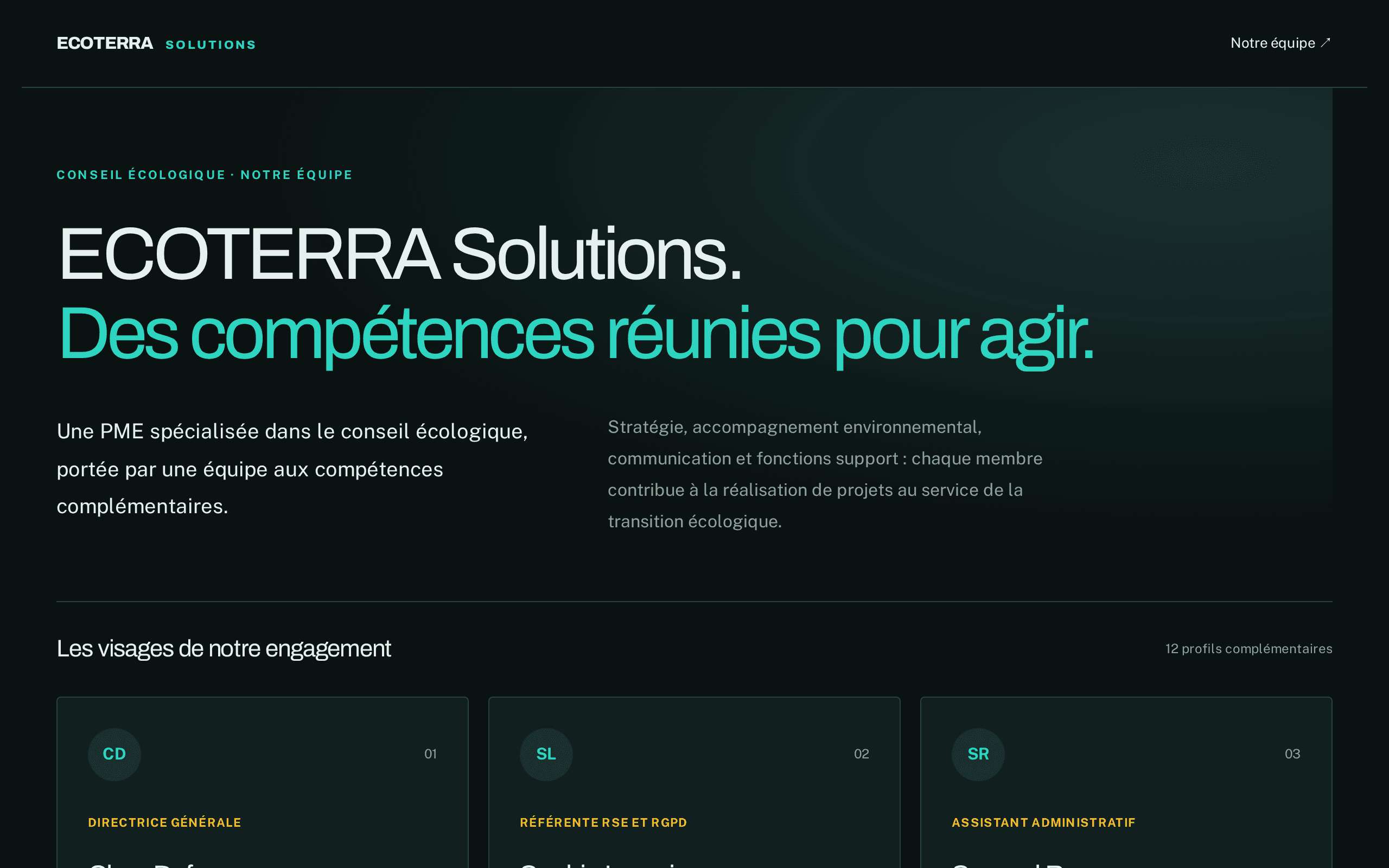 Eco-consulting team profiles in a sleek dark interface with green accents.