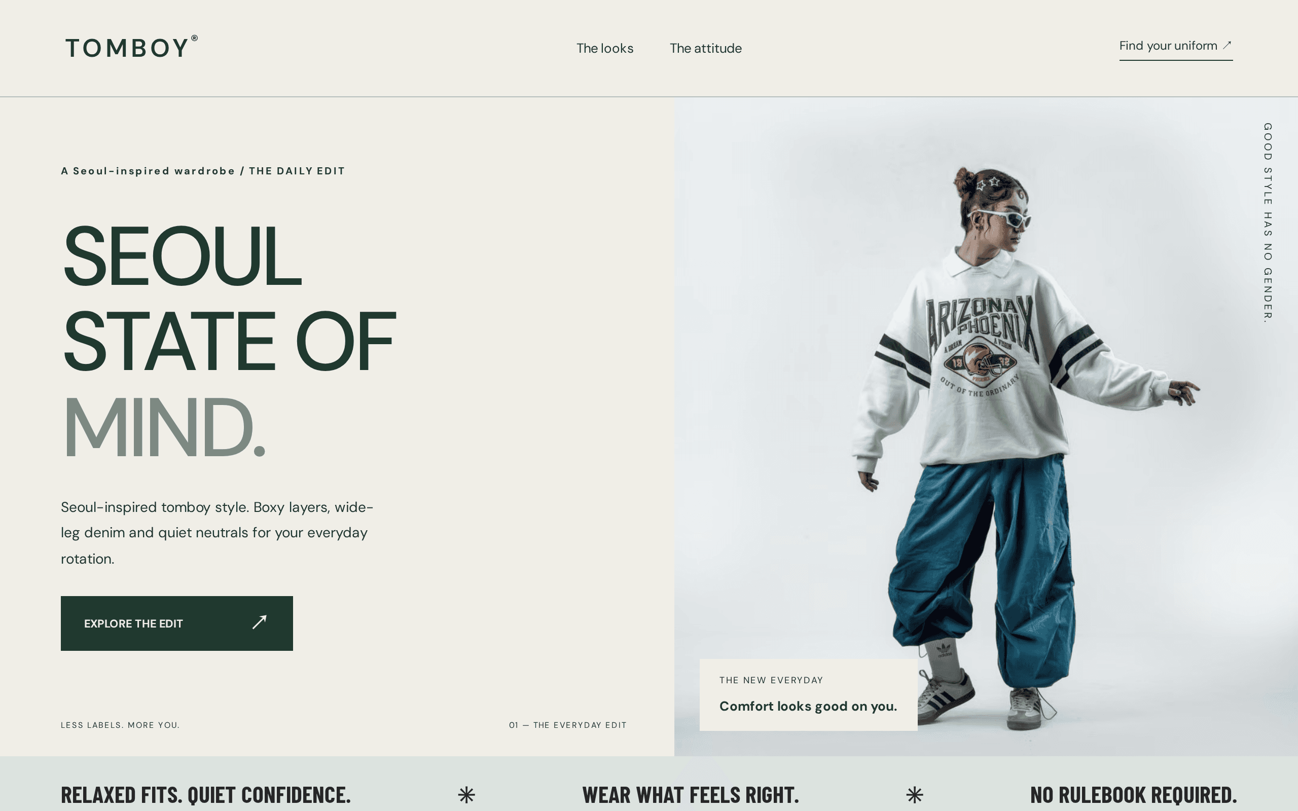 Genderless Seoul-inspired wardrobe with relaxed fits and quiet confidence.