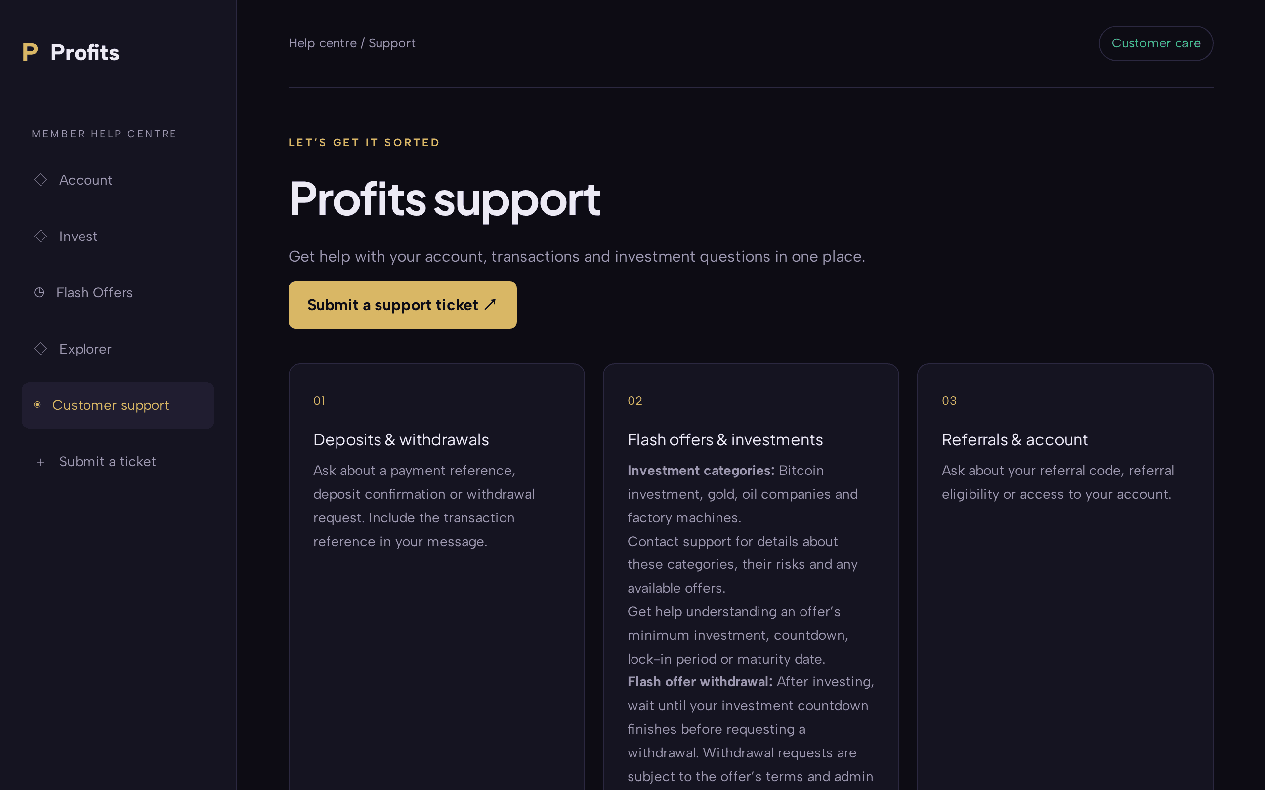 Support hub for a crypto investment platform, clear and structured.