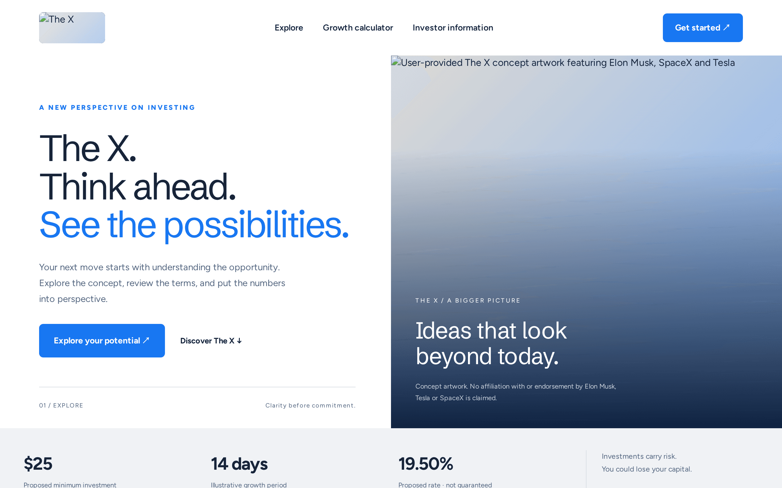Clean investment concept platform featuring modern typographic hierarchy and data.