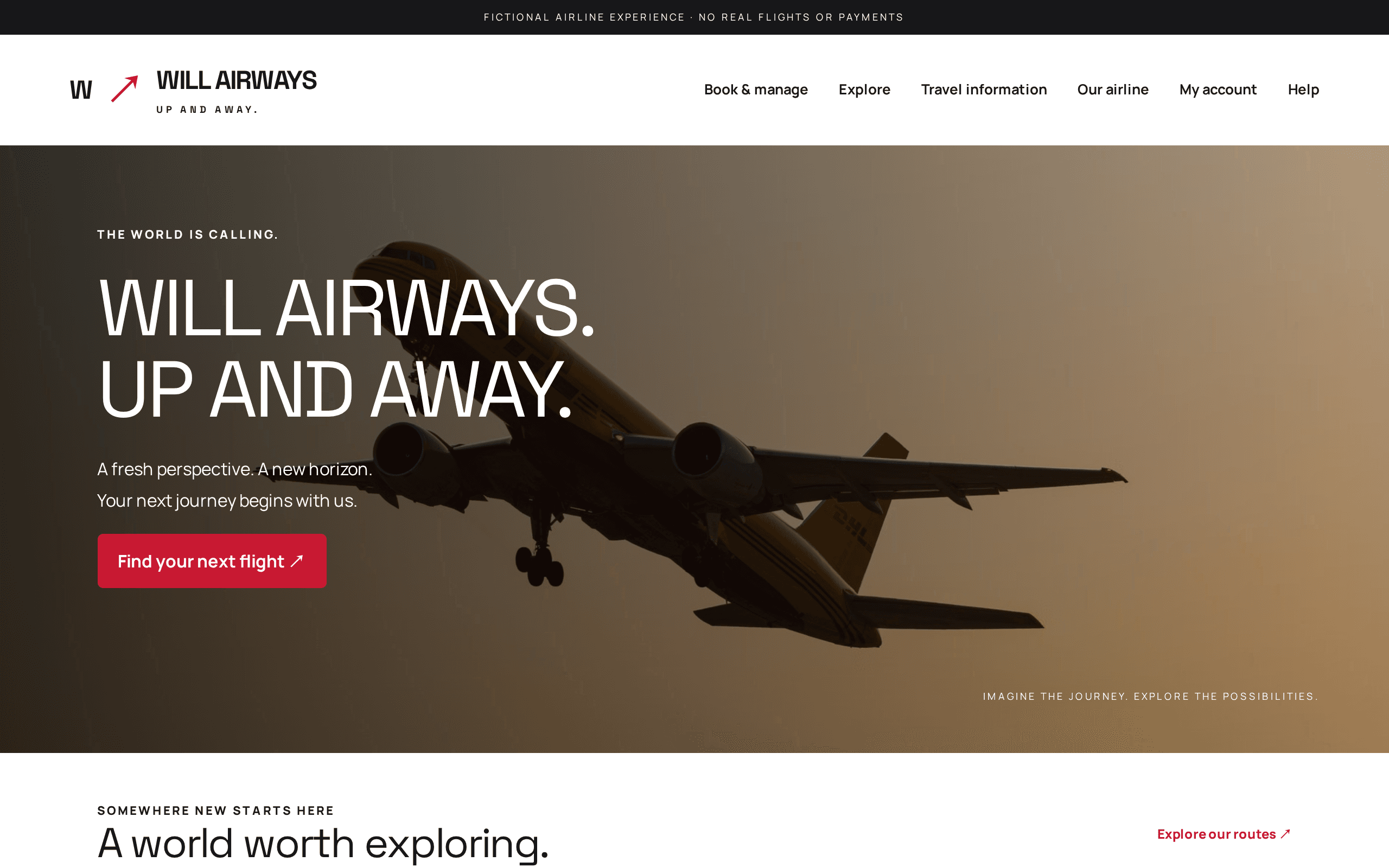 A fictional airline booking experience with clean typography.