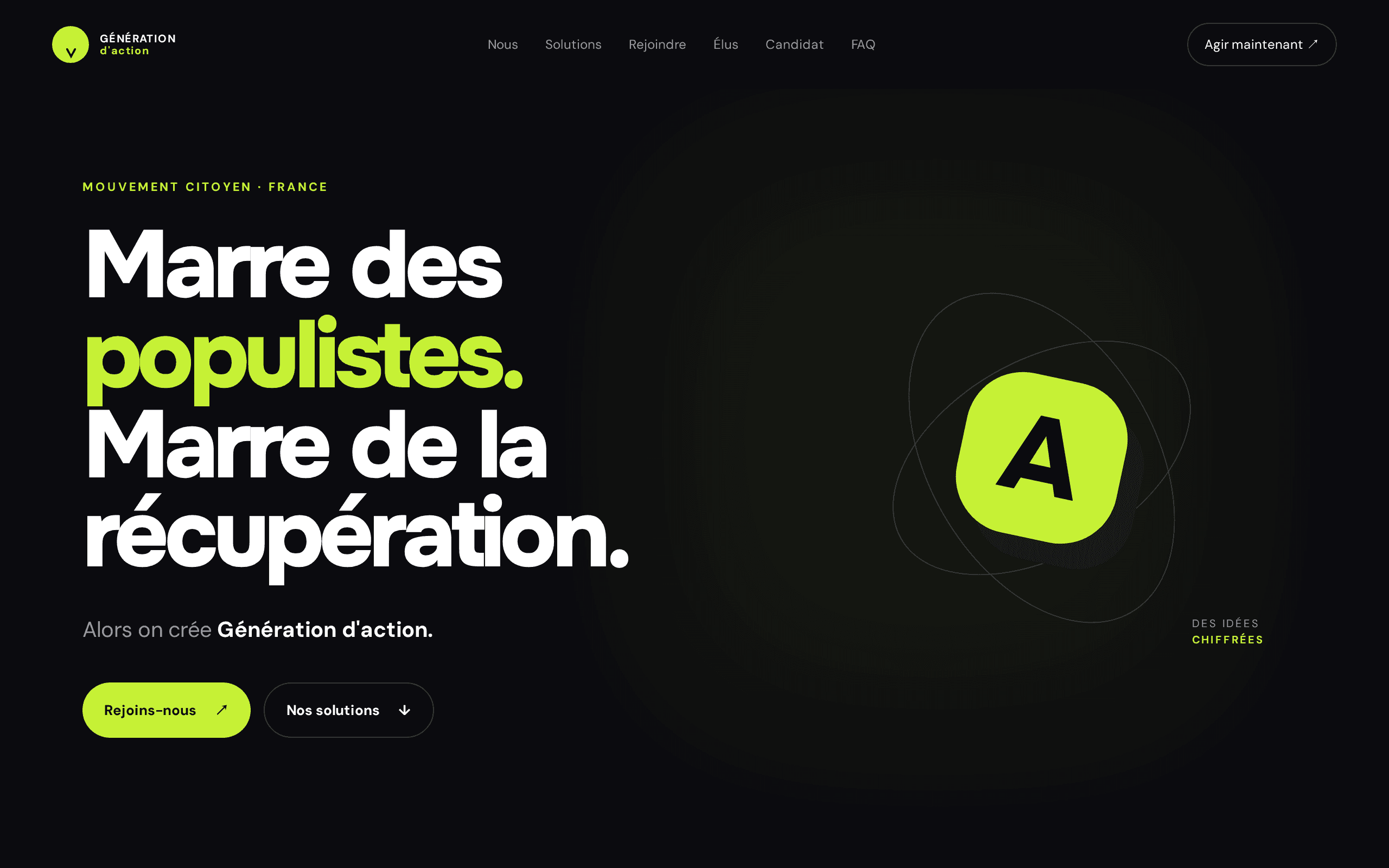 A bold political citizen movement platform built with striking dark mode typography.