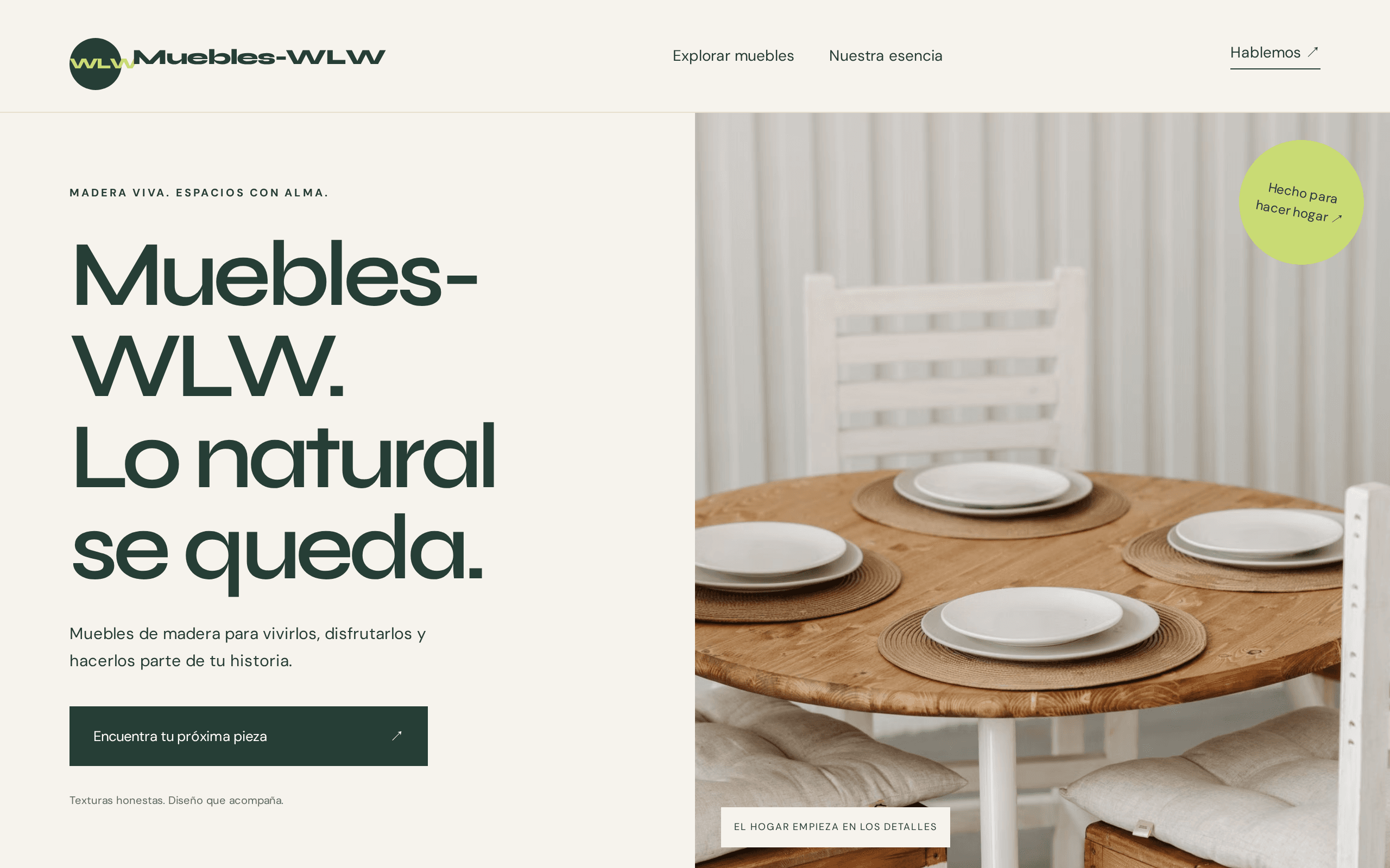 Natural wood furniture store with clean typography and earthy tones.