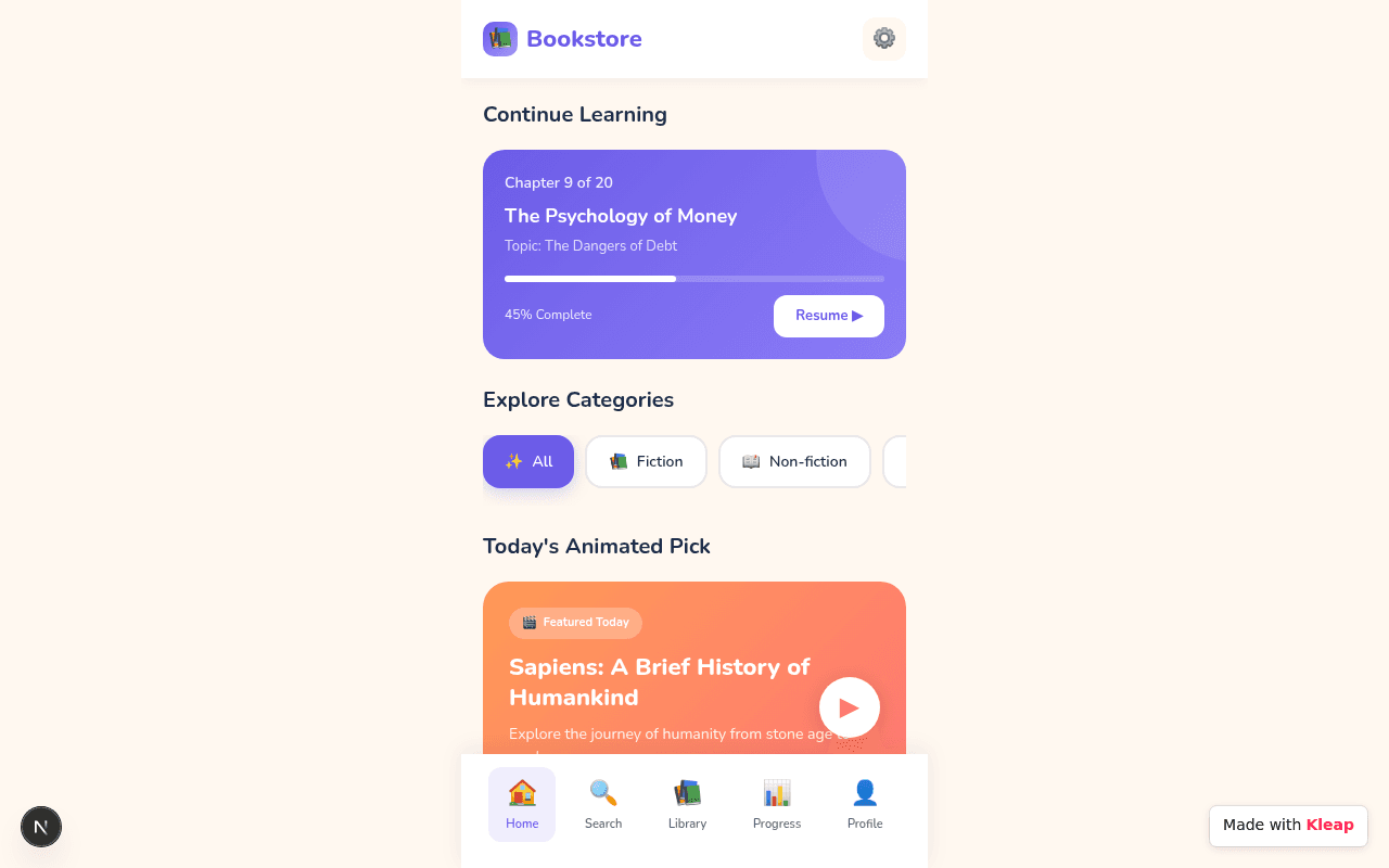 A warm, focused reading app that picks up exactly where you left off.