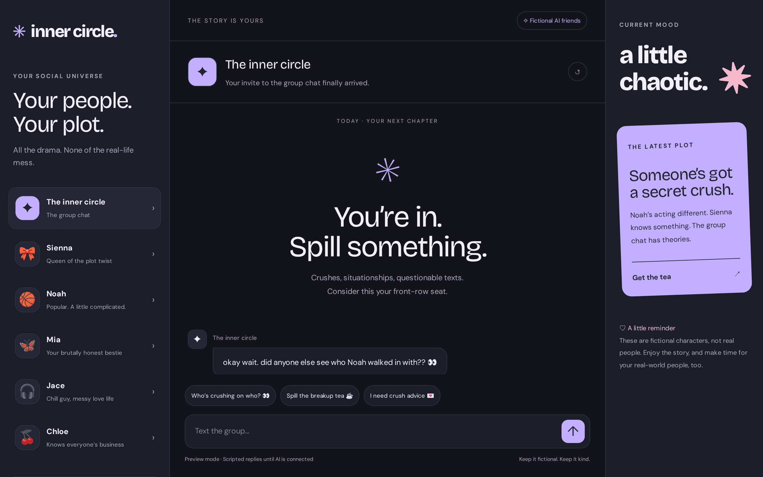 An immersive AI group chat experience with high drama and dynamic characters.