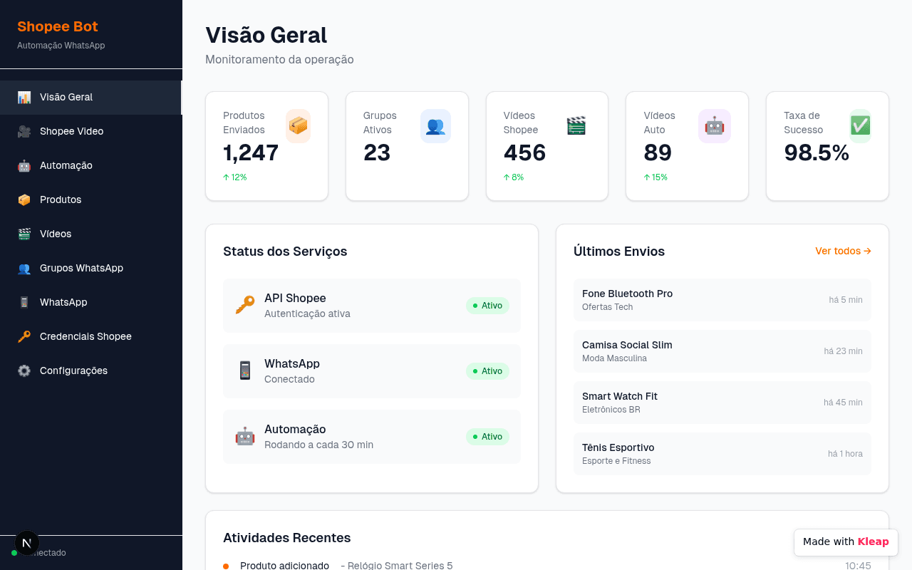 A WhatsApp automation dashboard for Shopee sellers, built to monitor every send.
