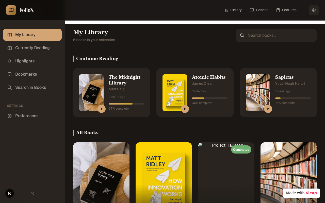 A sleek dark-themed e-reader library that turns your book collection into a visual sanctuary.