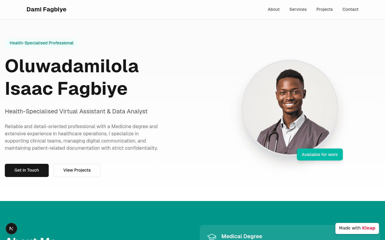 A medical professional's portfolio that proves healthcare expertise can live online without clinical sterility.