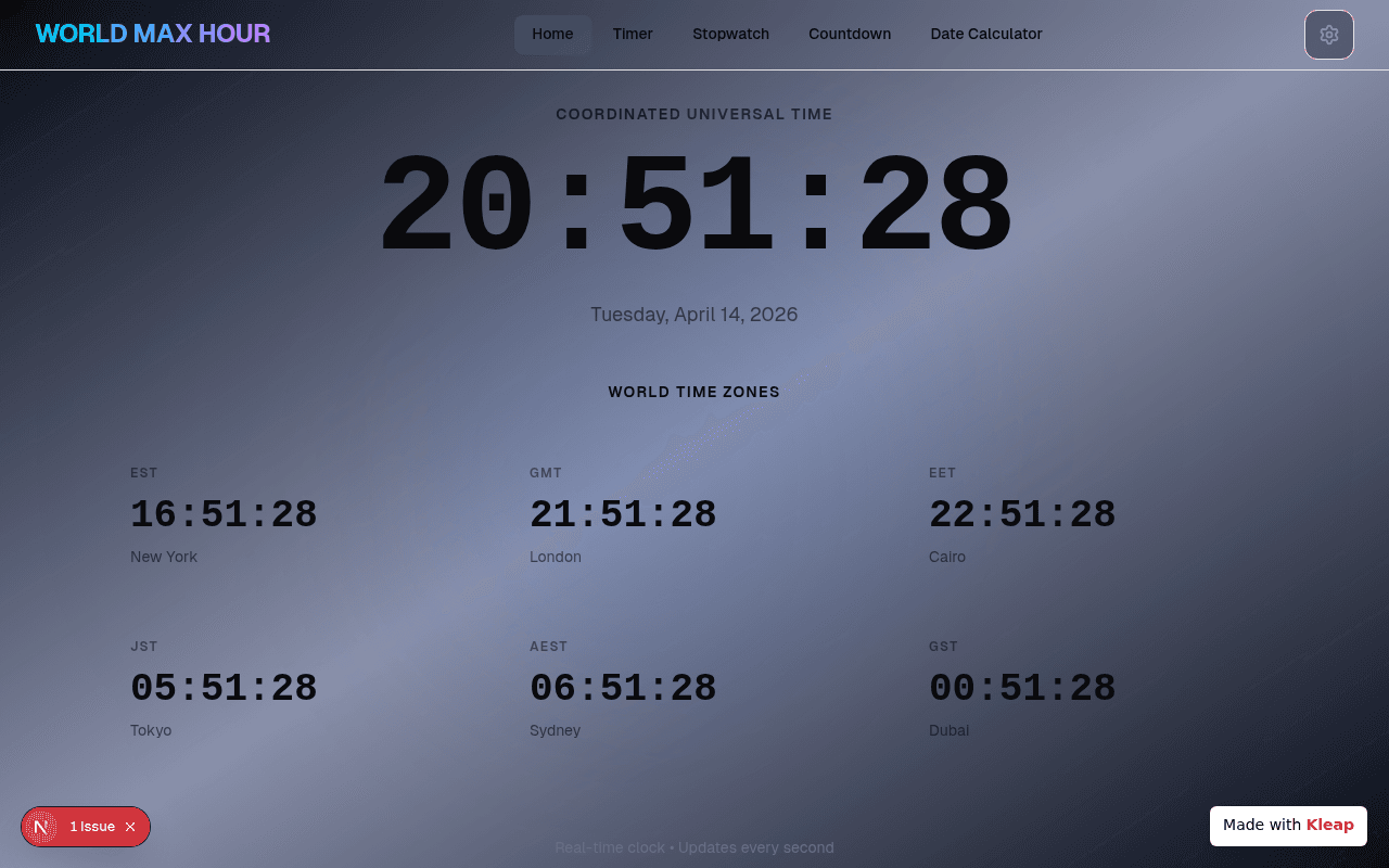 A sleek global time tracker showing UTC alongside six world cities in real time.