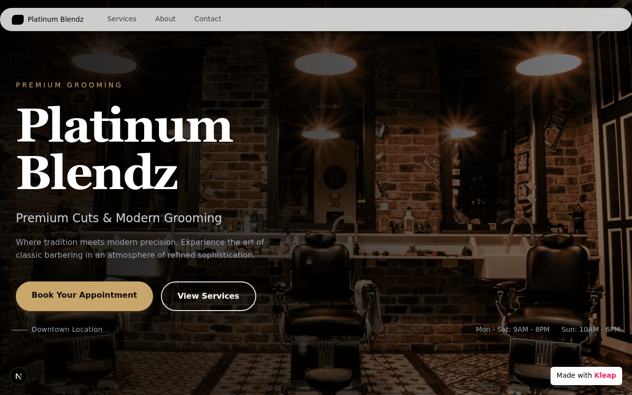 Premium grooming barbershop with classic meets modern aesthetics.