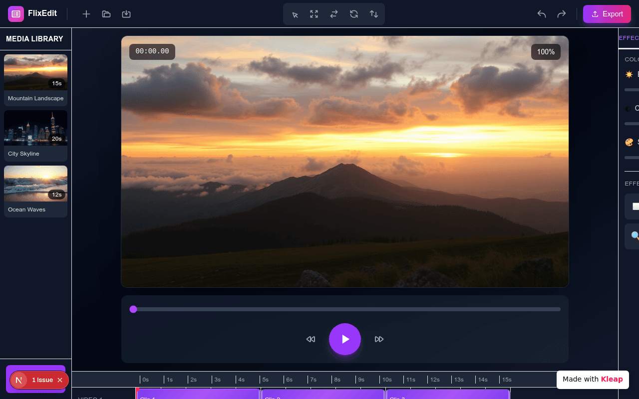 A sleek browser-based video editor with timeline, media library, and real-time preview.
