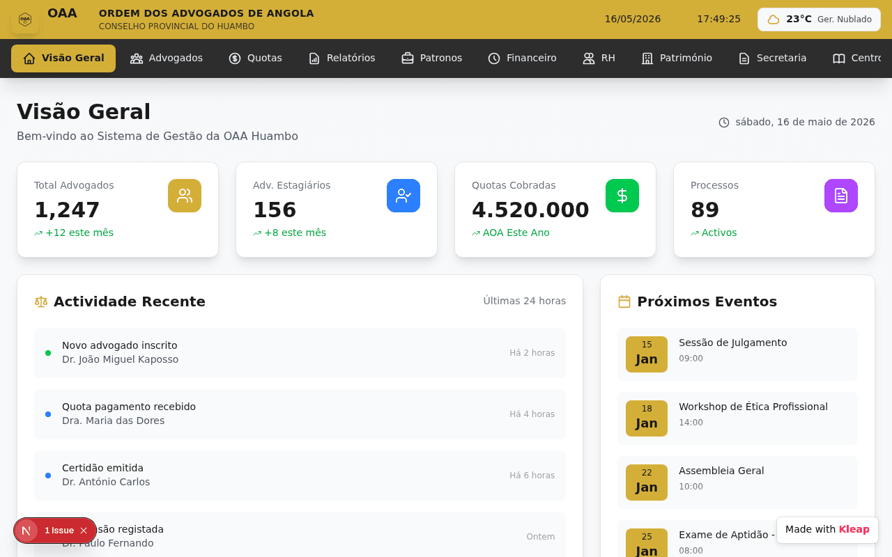 Professional admin dashboard for Angola's Bar Association with real-time legal metrics.
