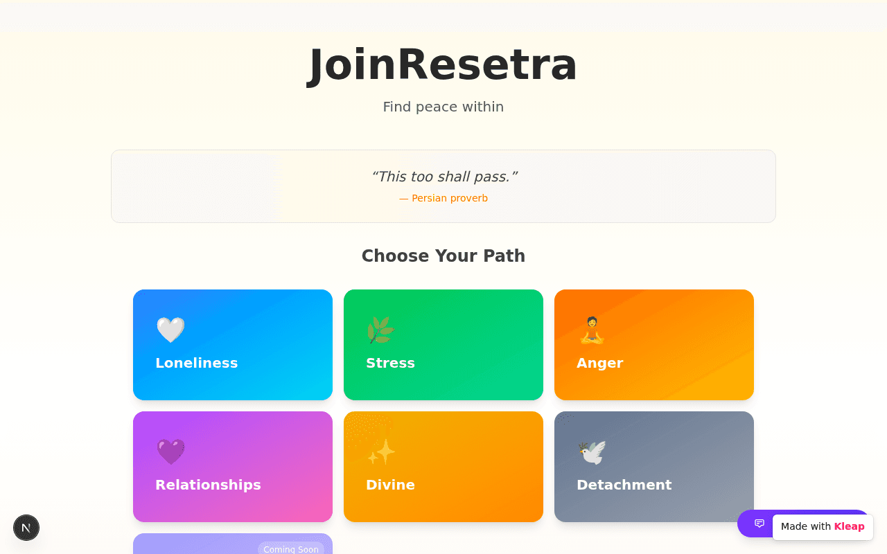 A peaceful hub for emotional healing with paths for loneliness, stress, and inner peace.