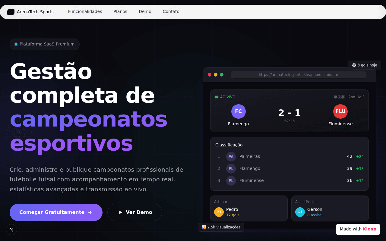 Sports tournament management platform with real-time scores, stats, and live streaming.
