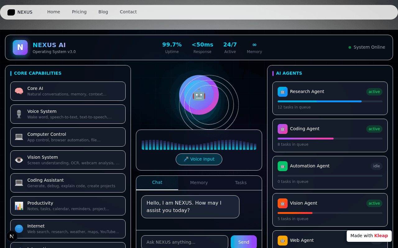 A futuristic AI control center showcasing NEXUS OS capabilities and live agent monitoring.