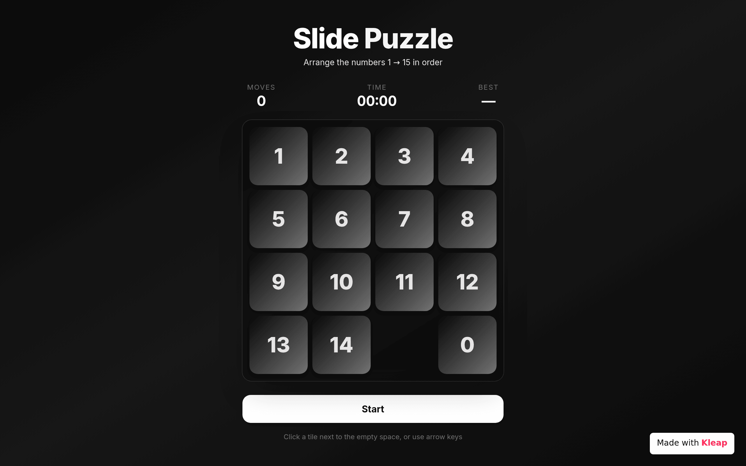 A clean 15-puzzle slide game with timer, move counter, and best-score tracking.