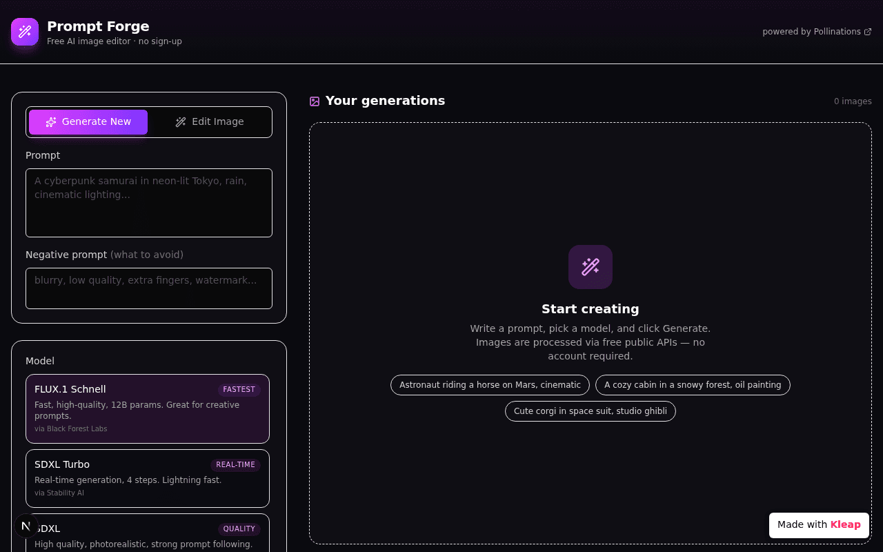 Minimalist AI image prompt generator and editor interface.