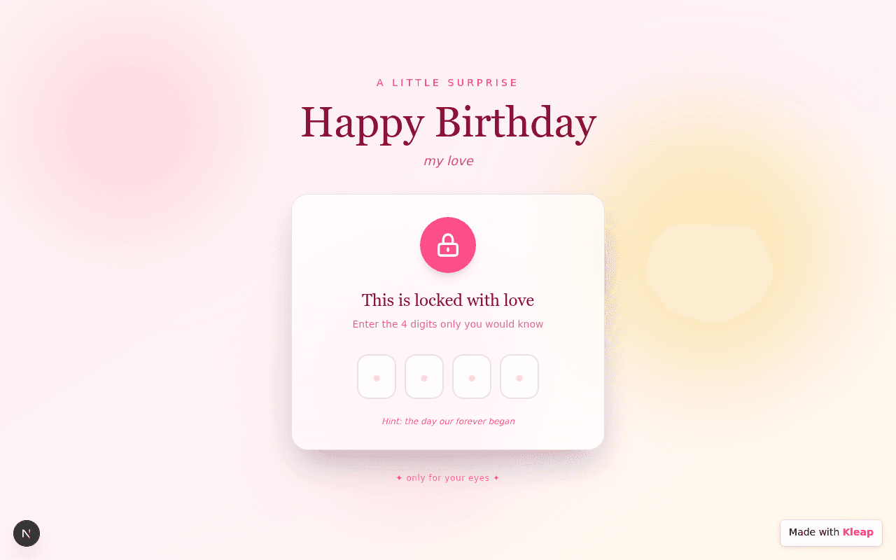 A private digital passcode lock page made for a birthday surprise.