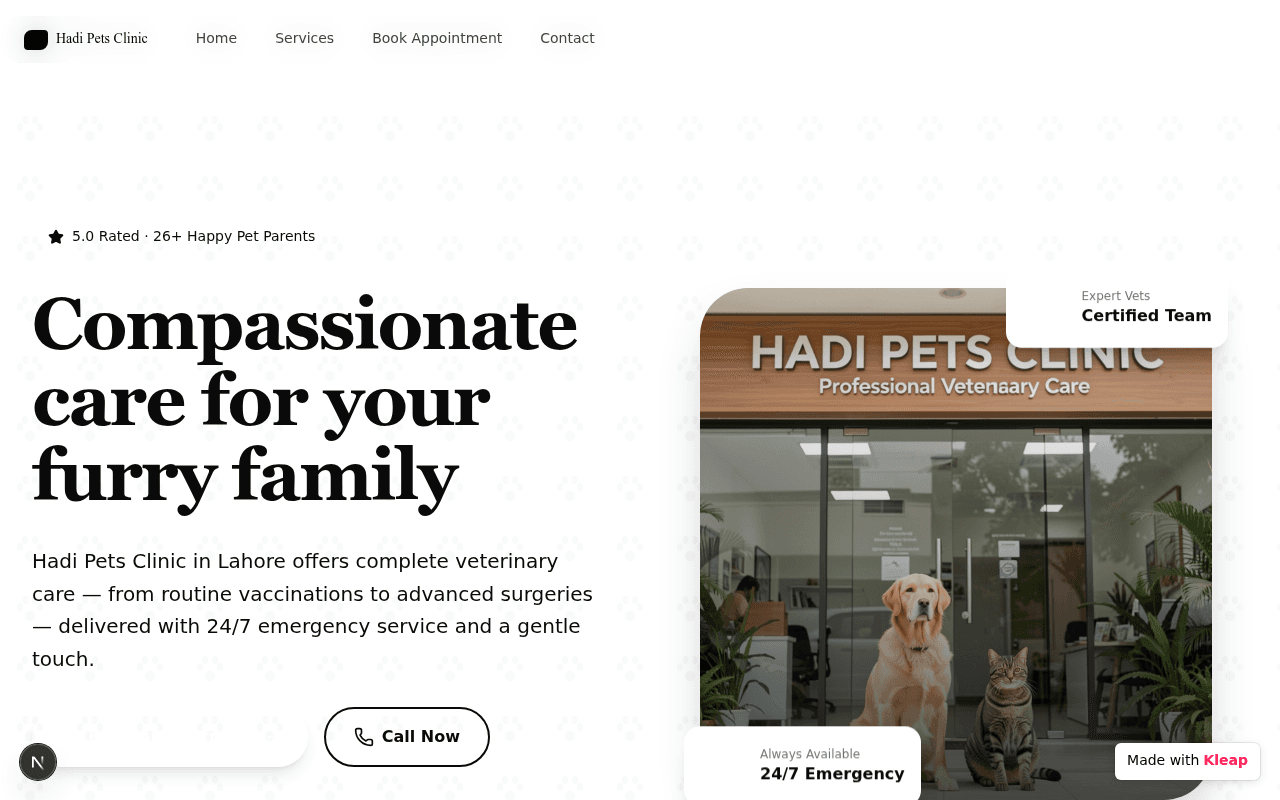 Professional veterinary clinic website offering 24/7 emergency pet care in Lahore.