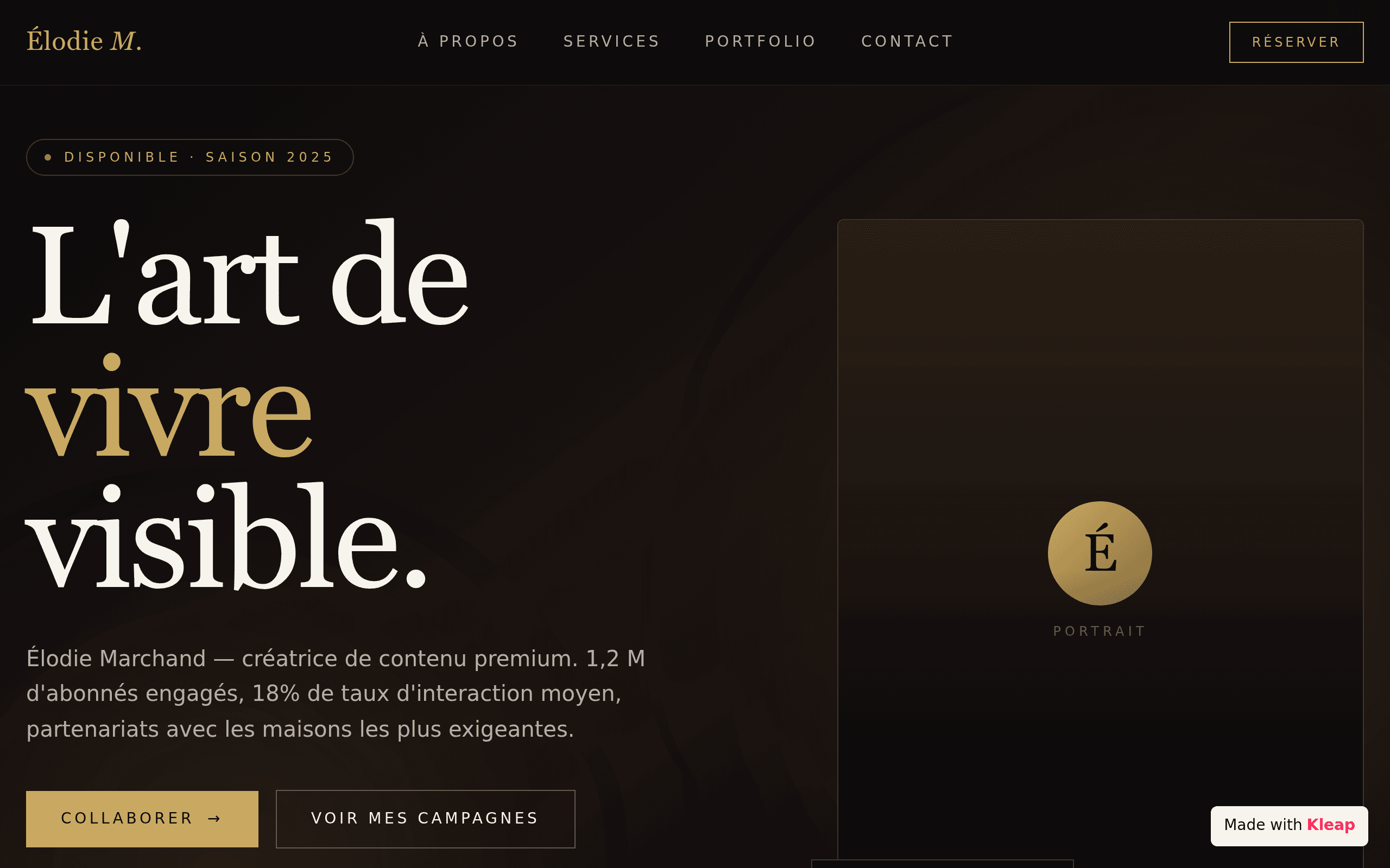 Dark, editorial creator portfolio with high-contrast typography.