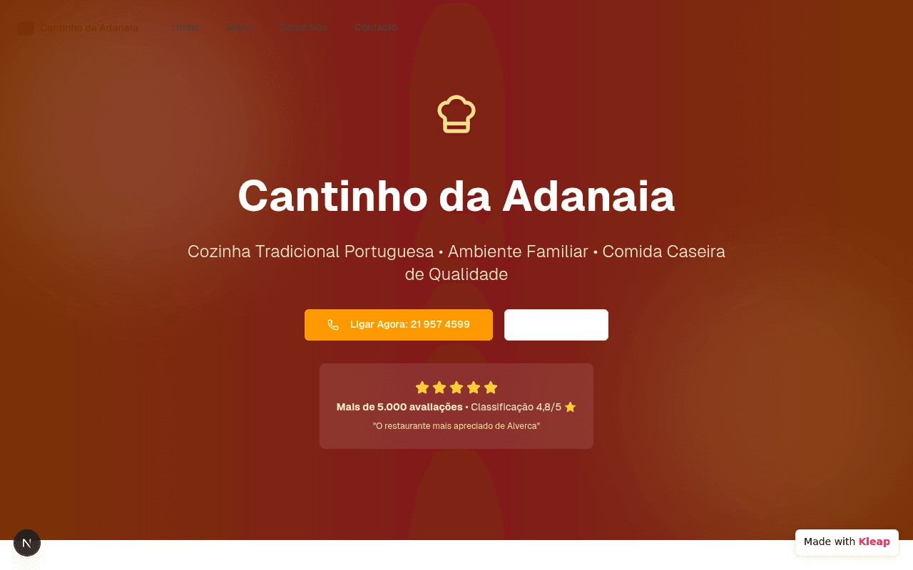 A warm, inviting restaurant homepage showcasing traditional Portuguese cuisine and strong community reviews.