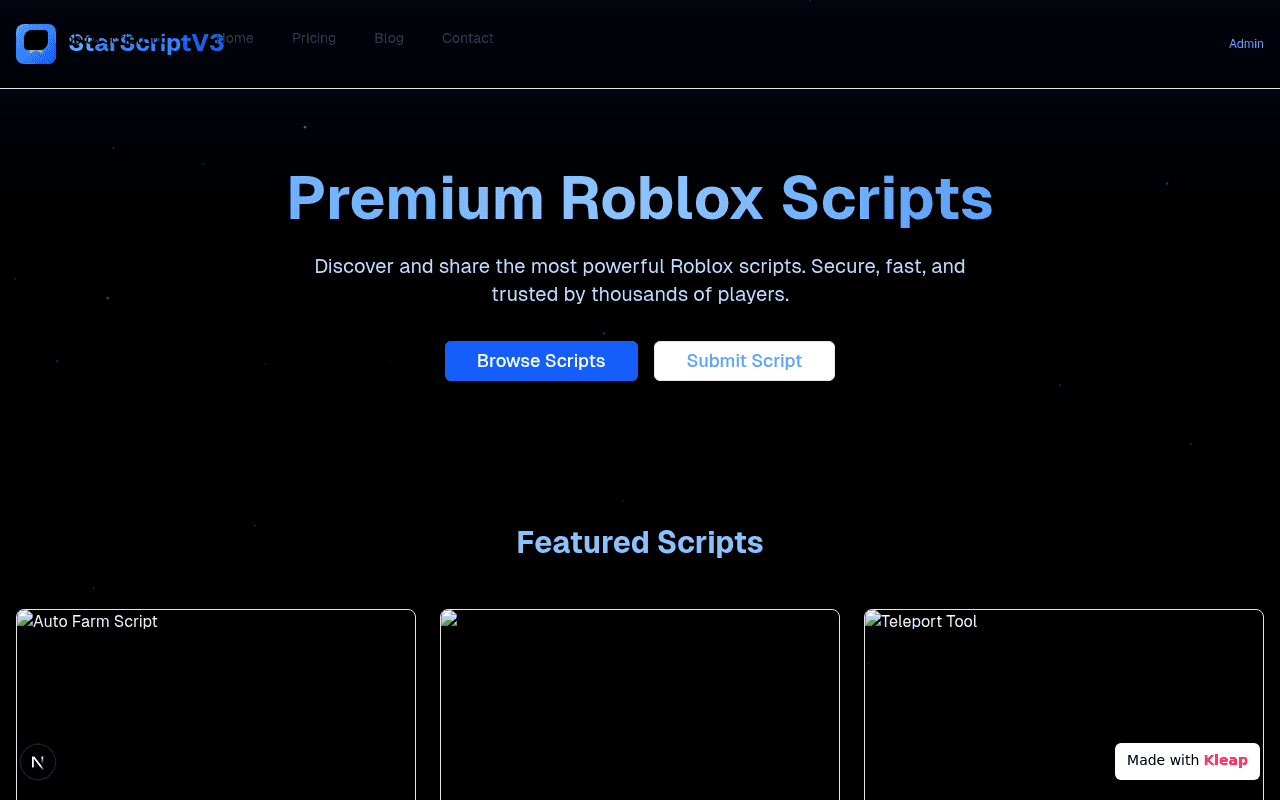 A dark-themed platform offering premium Roblox scripts with clear calls to action.