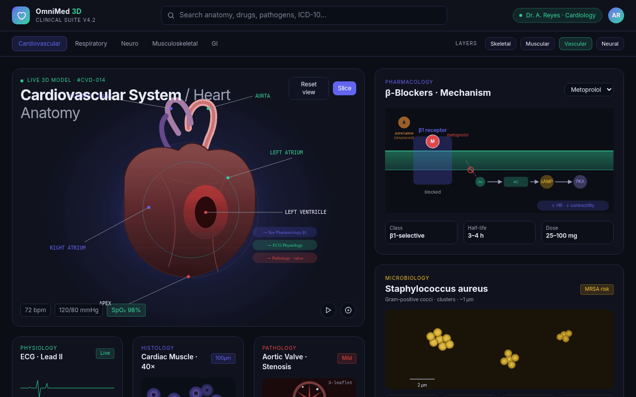 A futuristic medical platform UI named