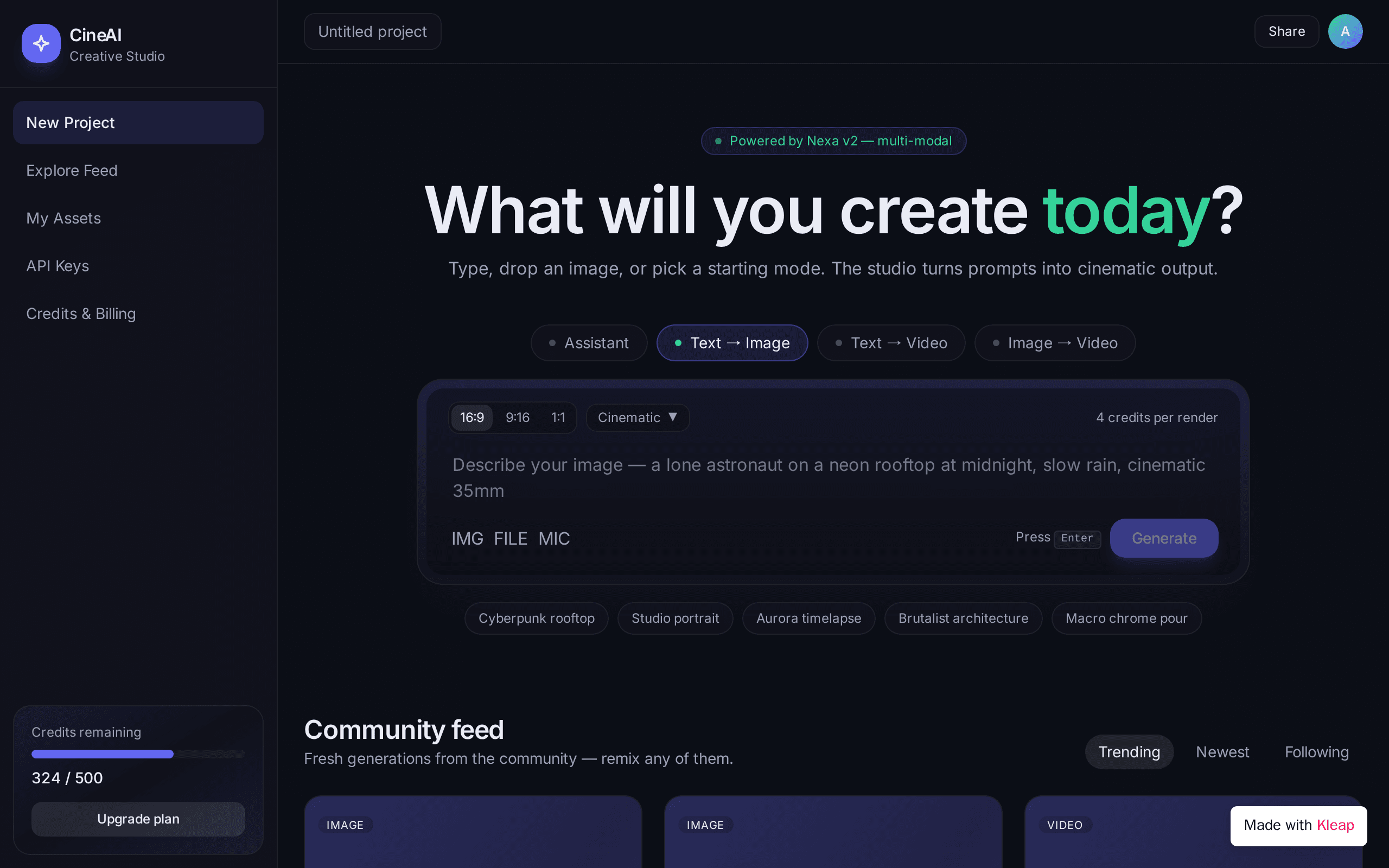 A cinematic AI creative studio that turns prompts into visual stories.