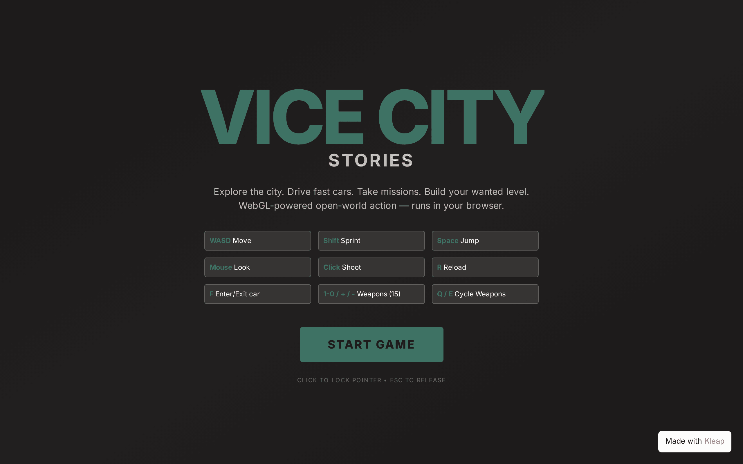 A browser-based open-world action game inspired by Vice City aesthetics.
