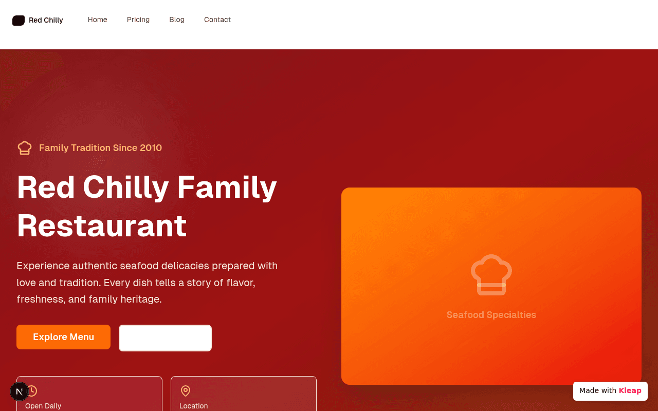 A family restaurant serving authentic seafood delicacies with love and tradition.