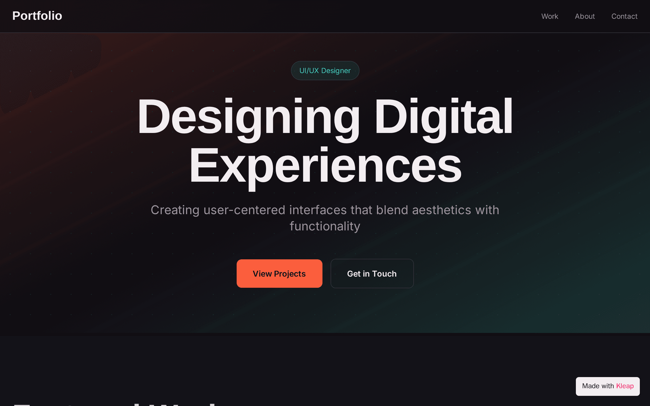A UI/UX designer's portfolio with a bold dark hero and clear CTAs.