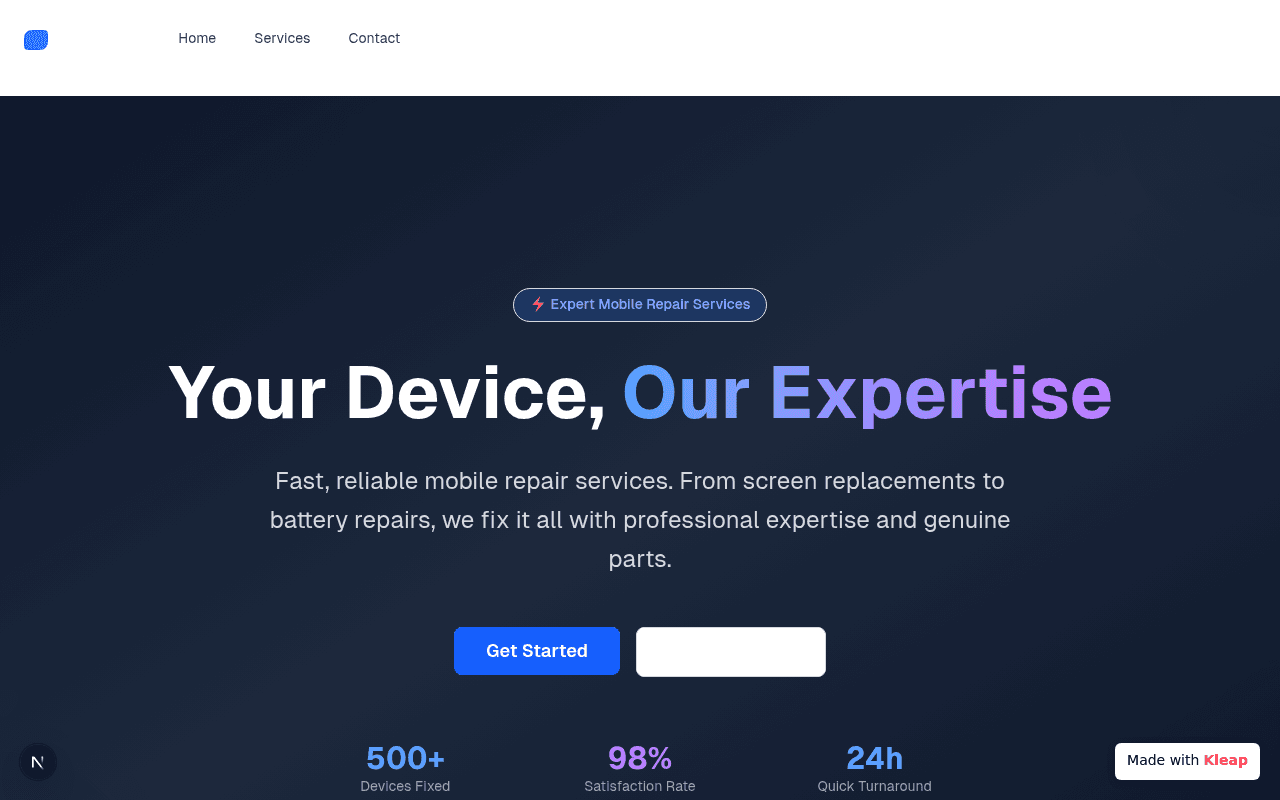 Presents mobile repair services with a clean, dark aesthetic and a clear value proposition.