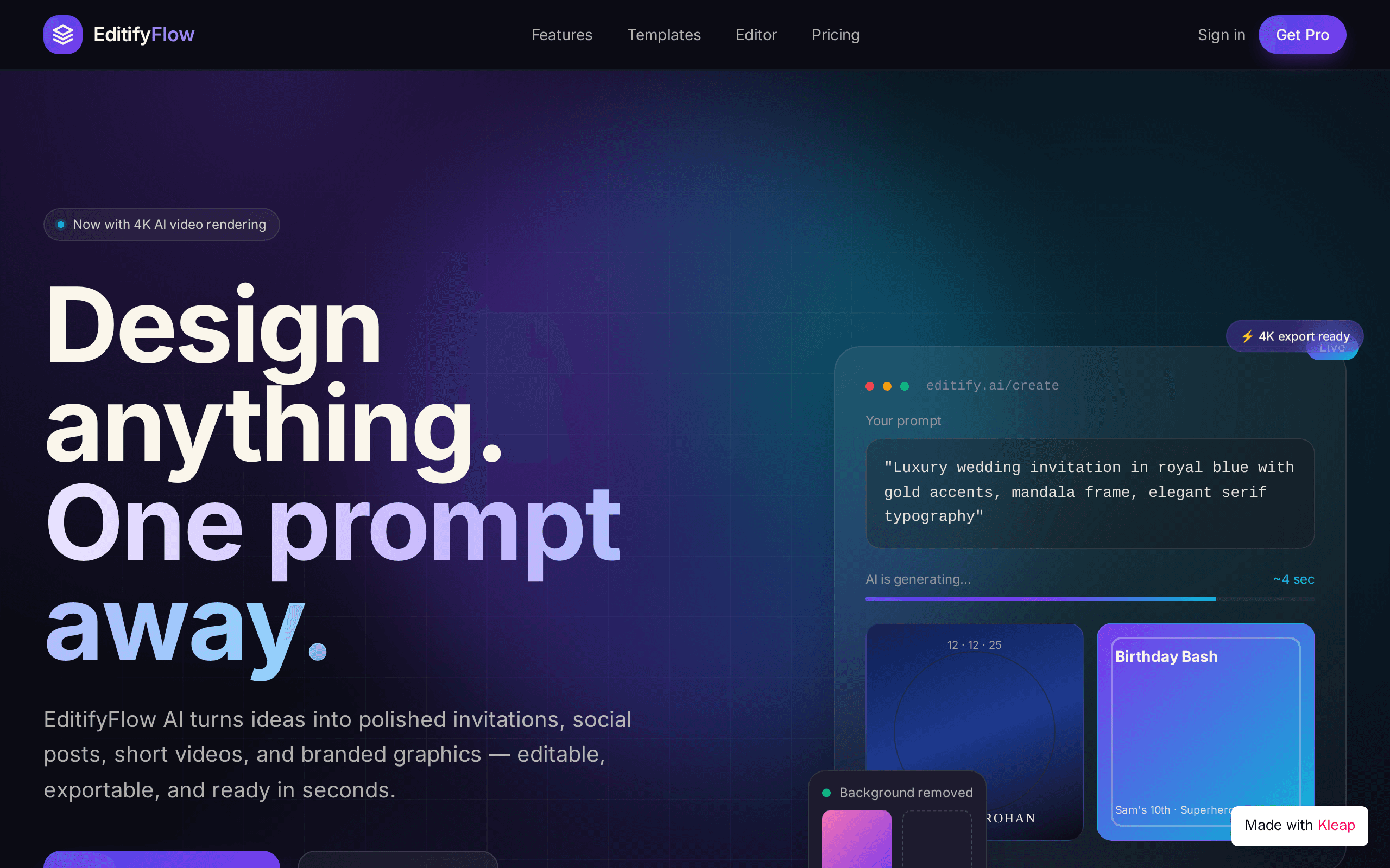 AI-powered design tool that turns one prompt into polished graphics.