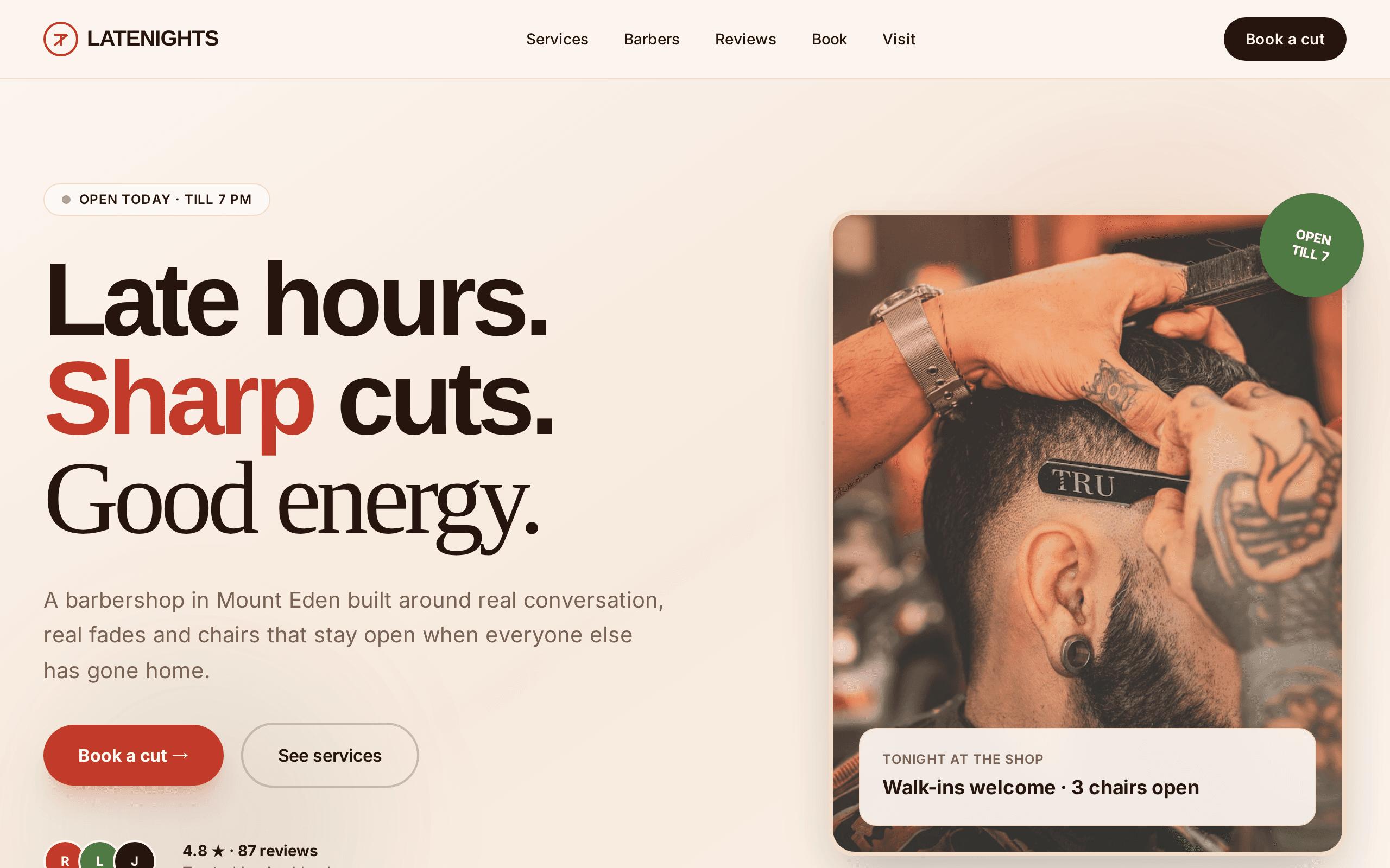 Auckland's sharpest late-night barbershop — book a cut before the sun sets.