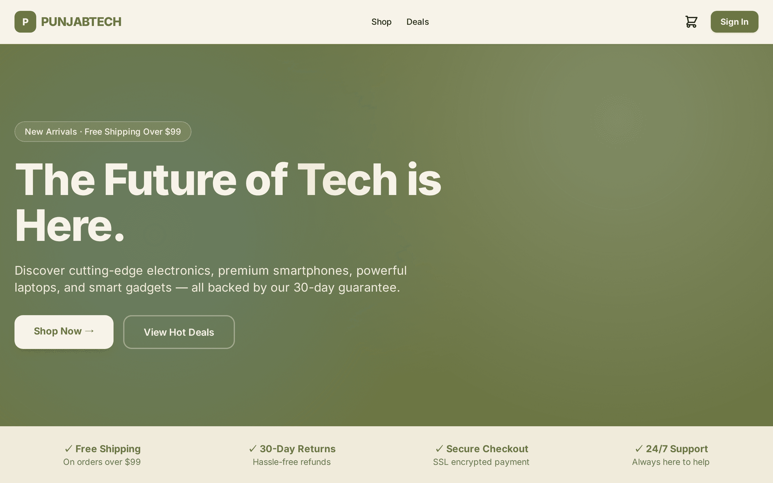 Tech storefront with olive green branding and bold futuristic headline.