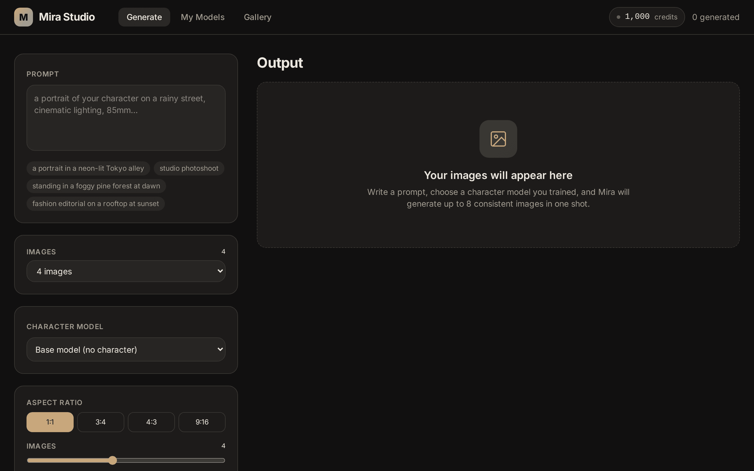 Generate consistent character images with custom-trained AI models.
