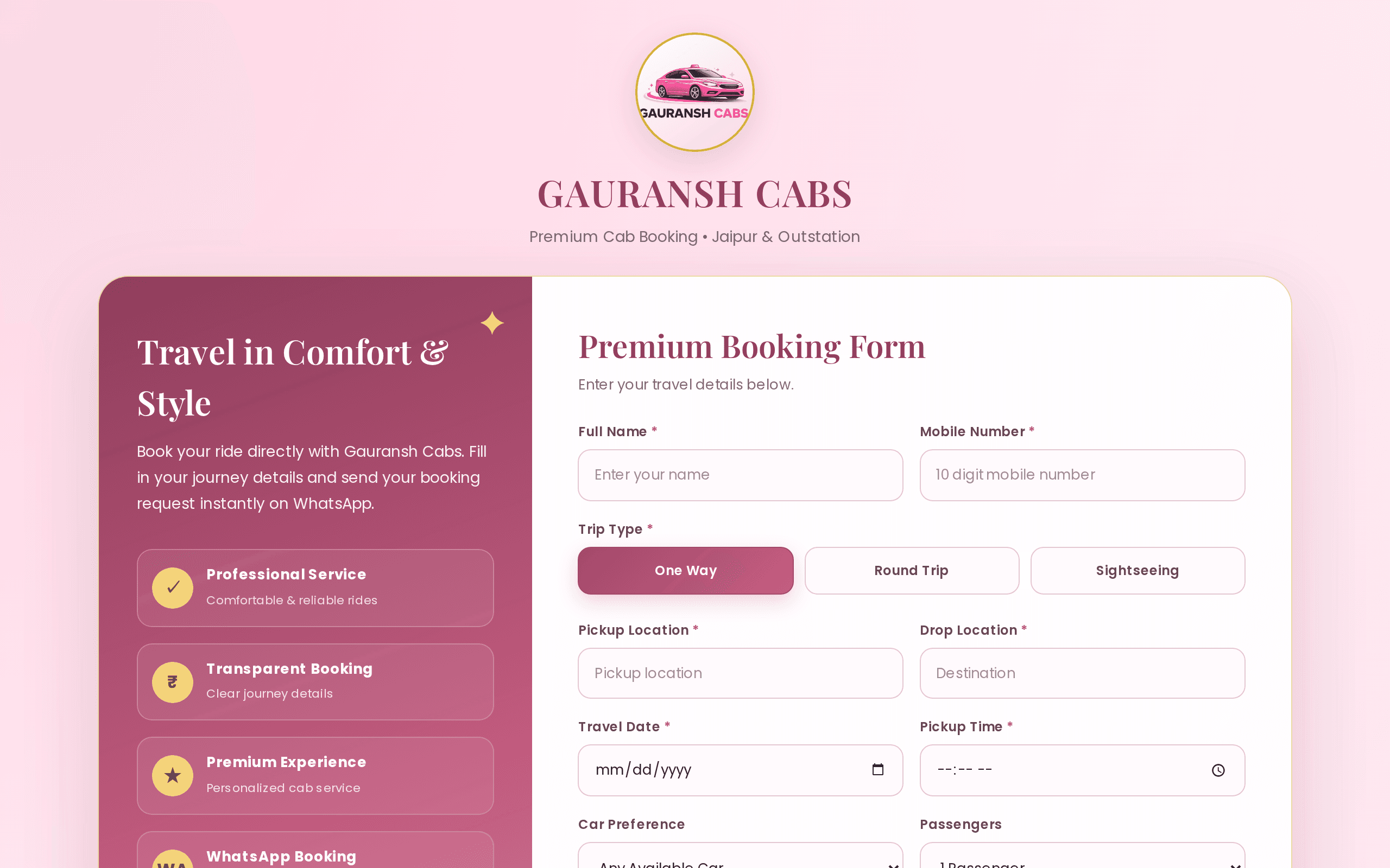 Premium cab booking with WhatsApp-first simplicity for Jaipur travelers.
