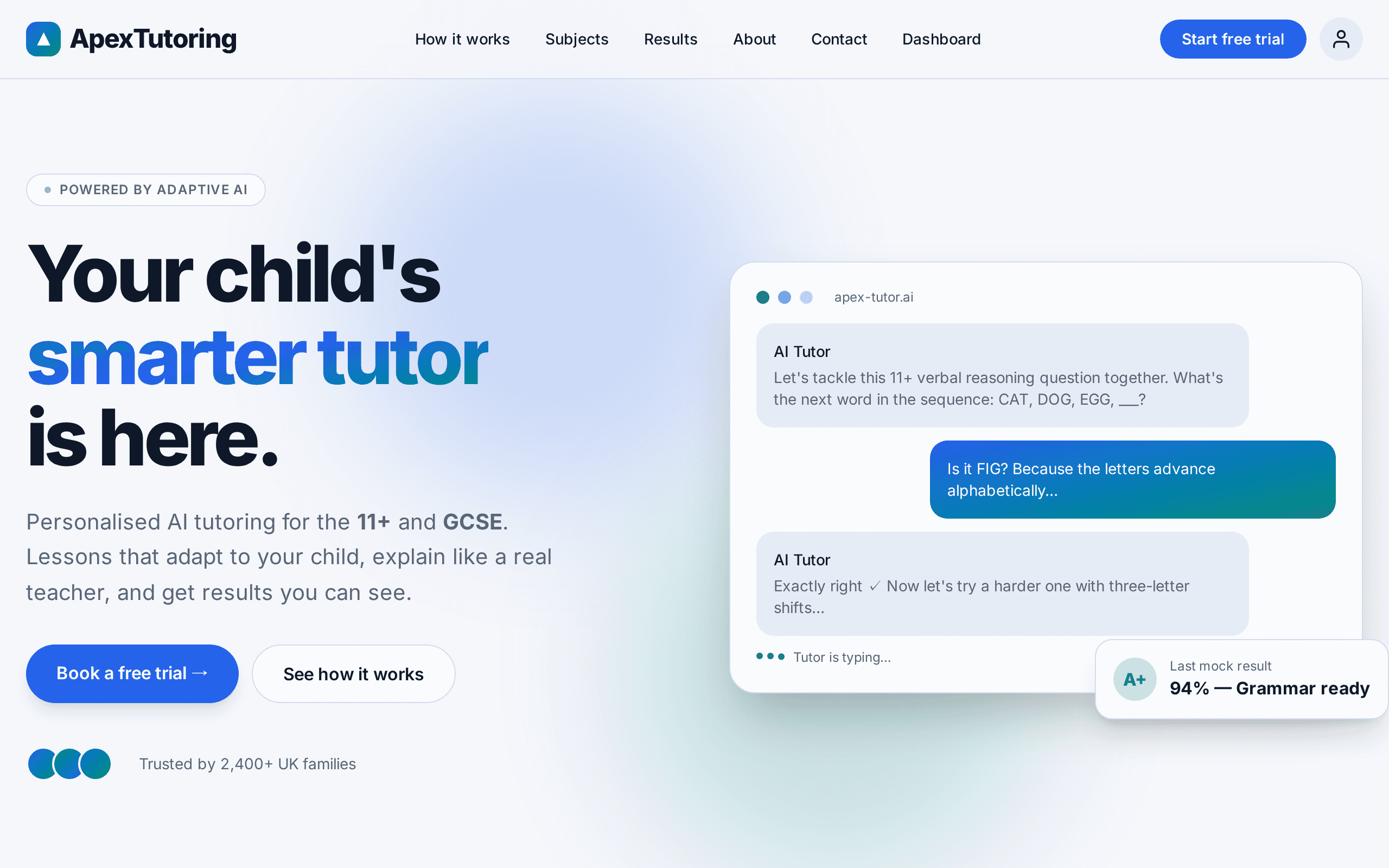 AI-powered tutor for 11+ and GCSE prep that adapts to each child.
