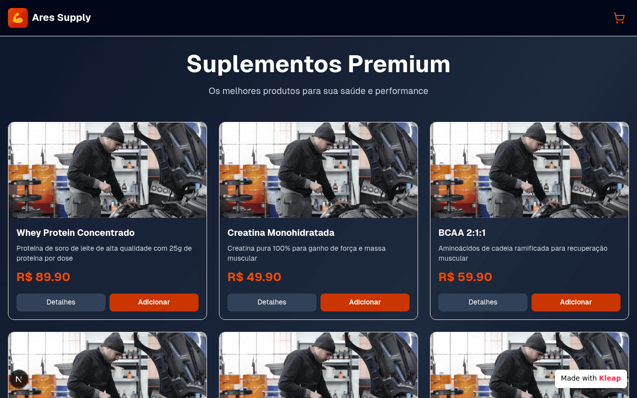 A clean e-commerce platform offering premium fitness supplements with clear pricing and calls to action.